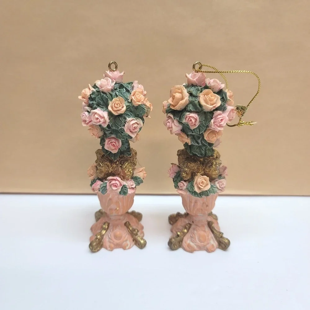 2Pc. Vtg Silvestri Rose/Cherub Topiary Ornaments Pink Peach Floral Resin 4.25
